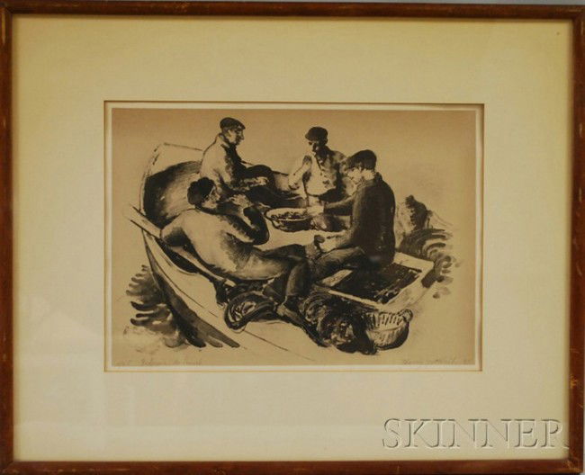 Harry Gottlieb (American, 1895-1993) Fishermen at: Harry Gottlieb (American, 1895-1993) Fishermen at Lunch. Signed and dated "Harry Gottlieb 32" in pencil l.r., numbered and titled "1/25..." l.l. Lithograph on paper, sight size 9 x 12 3/4 in., fra