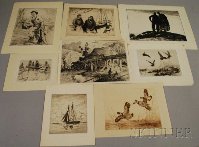 American School, 20th Century Lot of Eight Etching: American School, 20th Century Lot of Eight Etchings, Including Works by Harrison Cady, Mill; A. Conway Peyton, Gulls and Quails, Gordon Grant, Fishermen, Philip Kappel, Sailboat, Will Davis, Fish
