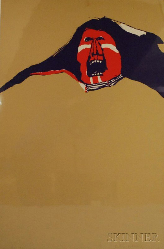 Fritz Scholder (American, 1937-2005) Red Indian. S: Fritz Scholder (American, 1937-2005) Red Indian. Signed "Scholder" l.r. and numbered "92-100" l.l. Lithograph, sheet size 33 1/2 x 22 1/8 in., unframed. Condition: Crinkling to u.r. corner, slight cre