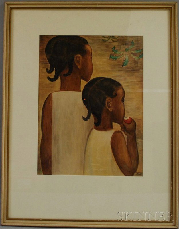 Lucienne Bloch (American, 1909-1999) Two Girls. Si: Lucienne Bloch (American, 1909-1999) Two Girls. Signed l.r. Watercolor on paper, sight size 19 1/4 x 14 1/2 in., framed. Condition: Not examined out of frame.