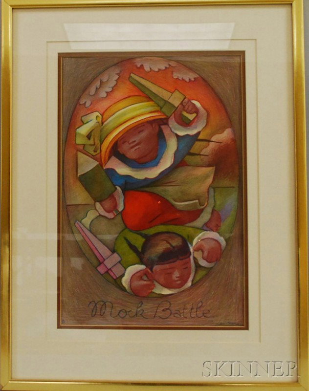 Jean Charlot (American/French, 1898-1979) Mock Bat: Jean Charlot (American/French, 1898-1979) Mock Battle, 1956. Signed and dated within the matrix, erased inscription or signature l.l. Color lithograph, image size 18 x 12 1/2 in., framed.