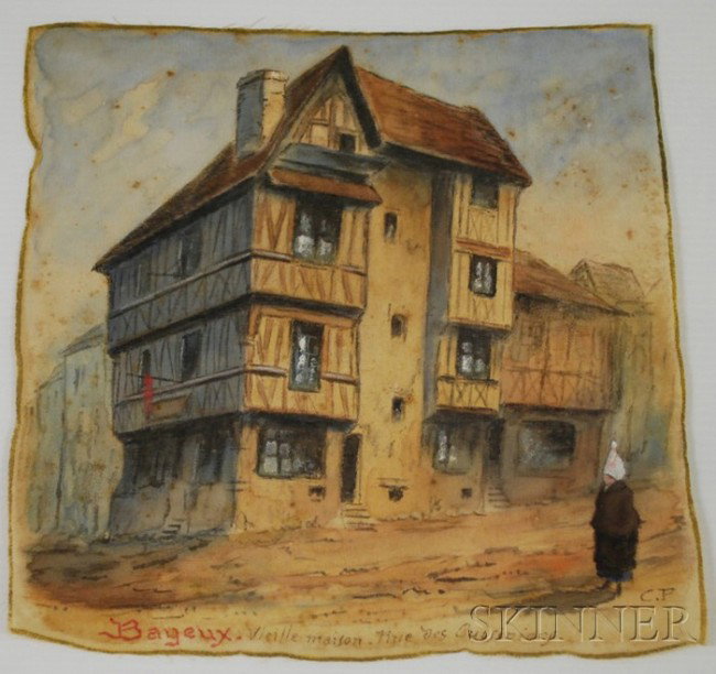 Continental School, 19th/20th Century Bayeux. Vie: Continental School, 19th/20th Century Bayeux. Vieille maison. Rue des Cuisiniers. Initialed "C.P" l.r., titled along the bottom edge. Mixed media on silk, 8 1/2 x 8 3/8 in., unframed. Condition: