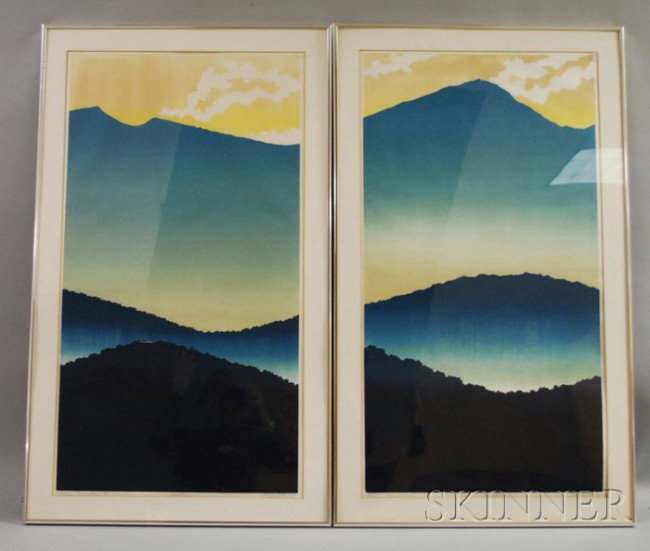 Sabra Field (American, b. 1935) Blue Mountain I, I: Sabra Field (American, b. 1935) Blue Mountain I, II/A Diptych. Both signed "Sabra Field" l.r., titled "Blue Mountain I, II" l.l. and numbered "20/50" l.c., respectively. Woodblock, s