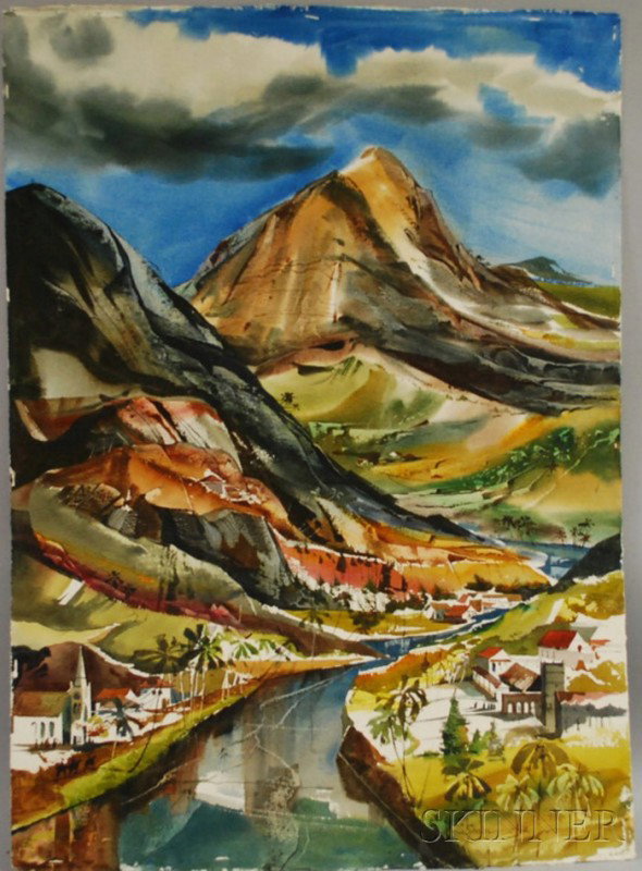 Laurence Philip Sisson (American, b. 1928) Petropo: Laurence Philip Sisson (American, b. 1928) Petropolis, Brazil. Signed and dated "L. Sisson '68" l.r., titled in pencil and identified on labels on the reverse. Watercolor on paper, 30 3/8 x 22 in.,