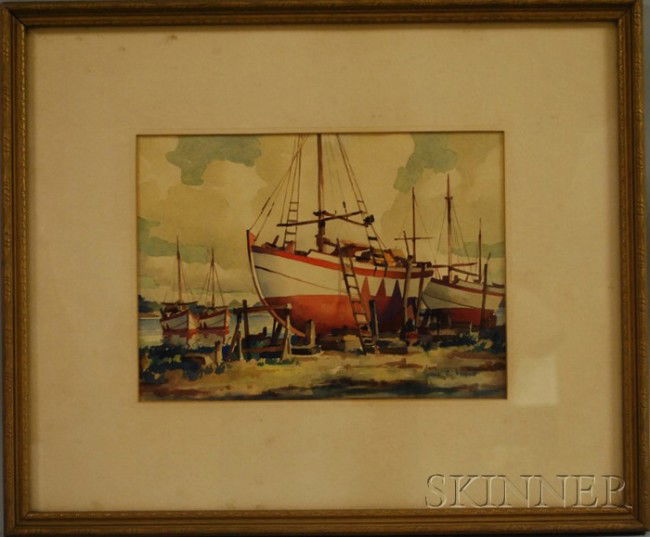 John Cuthbert Hare (American, 1908-1978) Boats at: John Cuthbert Hare (American, 1908-1978) Boats at Dry Dock. Signed "John C. Hare" l.r. Watercolor on paper/board, sight size 8 x 11 in., framed. Condition: Toning, subtle rippling, not examined out of