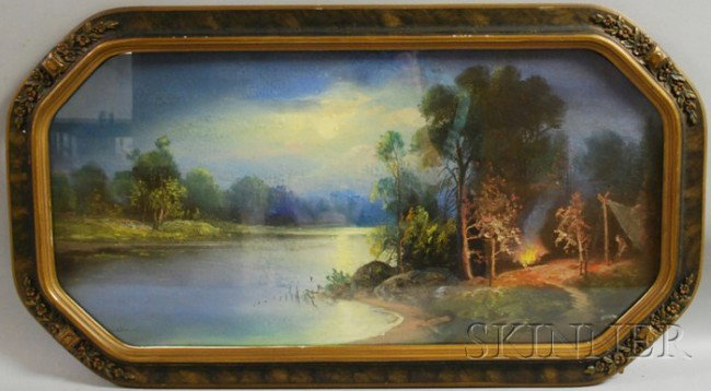William Henry Chandler (American, 1854-1928) Encam: William Henry Chandler (American, 1854-1928) Encampment by a Lake Under Moonlight. Signed "Chandler" l.l. Pastel on paper, 14 x 28 in., in a period frame. Condition: Not examined out of frame.