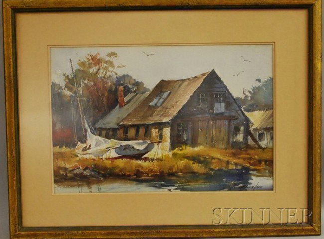 Marshall Woodside Joyce (American, 1912-1998) Boat: Marshall Woodside Joyce (American, 1912-1998) Boathouse in Marsh in Fall. Signed "Marshall W. Joyce" l.r. Watercolor on paper, image size 14 x 21 in., framed. Condition: Not examined out of frame, f