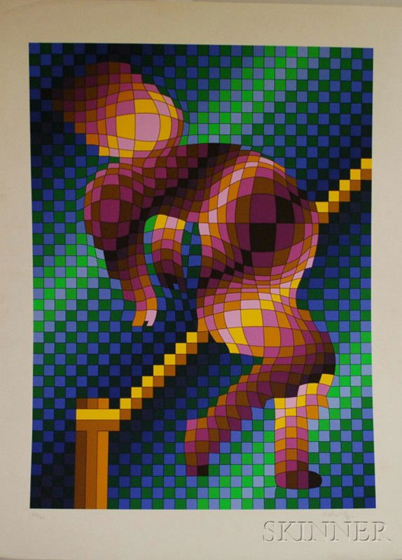 Victor Vasarely (French/Hungarian, 1908-1997) Abst: Victor Vasarely (French/Hungarian, 1908-1997) Abstract Figure. Signed "Vasarely" in pencil l.r., numbered "63/300" in pencil l.l. Color silkscreen, 38 1/8 x 28 1/2 in., unframed. Condition: Good.