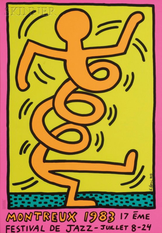 After Keith Haring (American, 1958-1990) Montreux: After Keith Haring (American, 1958-1990) Montreux 1983 17?me Festival de Jazz, 1983. Signed and dated in the matrix. Color screenprint on paper, sight size 39 x 27 in., framed. Condition: Not examined