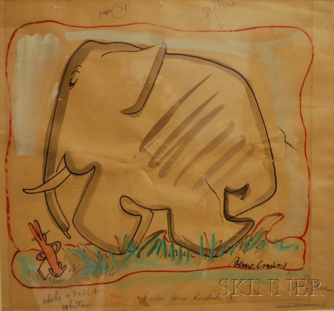 Ludwig Bemelmans (American, 1898-1962) Elephant an: Ludwig Bemelmans (American, 1898-1962) Elephant and Hare. Signed "Bemelmans" and annotated in the plate. Watercolor and ink on cream paper, sight size 13 1/2 x 14 1/4 in., framed. Condition: Extensi