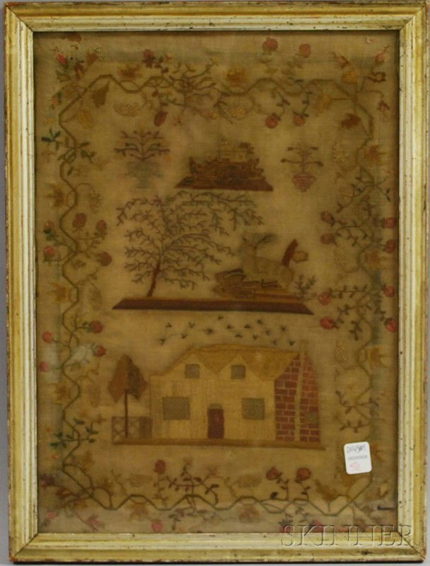 Framed 19th Century Needlework Sampler, in a giltw: Framed 19th Century Needlework Sampler, in a giltwood frame, sight size 17 3/4, wd. 12 3/4 in.