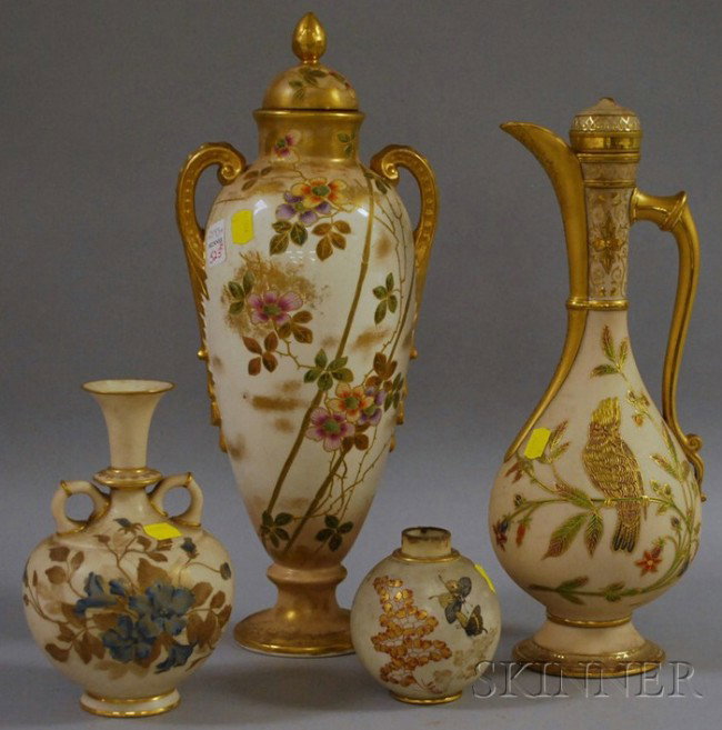 Four Royal Worcester and Royal Worcester-type Gilt: Four Royal Worcester and Royal Worcester-type Gilt and Hand-painted Ceramic Items, a Royal Worcester vase and globular bottle, a Villeroy & Boch vase with cover, and a ewer with cover, (bottle missing