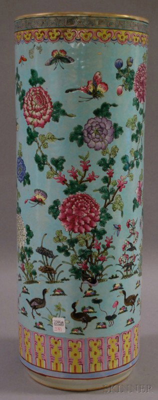 Chinese Export Cylindrical Porcelain Umbrella Stan: Chinese Export Cylindrical Porcelain Umbrella Stand, (inside foot with spiders and small related chip), ht. 25 1/4, dia. 9 1/4 in. Provenance: From a Martha's Vineyard, Edgartown, Massachusetts Histor