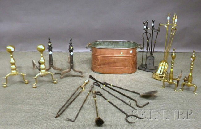 Twenty Pieces of Assorted Hearth and Fireplace Equ: Twenty Pieces of Assorted Hearth and Fireplace Equipment, a brass tool stand with a pair of tools, a pair of ball-top andirons, a pair of urn-top andirons, a poker and hearth broom, tongs, a pair of b