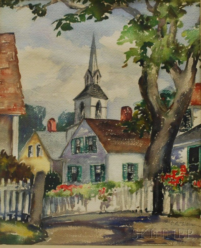Elizabeth Boardman (E.B.) Warren (American, 1886-1: Elizabeth Boardman (E.B.) Warren (American, 1886-1980) New England Village with Steeple. Signed "E. B. Warren" l.r. Watercolor on paper, sight size 16 1/4 x 13 3/8 in., framed. Condition: Ripplin