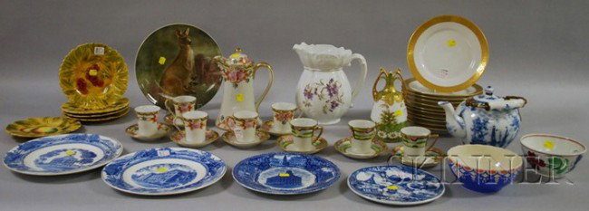 Large Lot of Assorted Decorated Porcelain and Cera: Large Lot of Assorted Decorated Porcelain and Ceramic Tableware, including a set of eleven Theodore Haviland gilt-banded plates, a set of five Sarreguemines majolica fruit plates, a German vase, an el