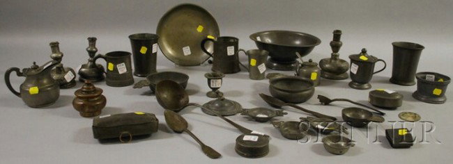 Approximately Twenty-seven Pieces of Assorted Pewt: Approximately Twenty-seven Pieces of Assorted Pewter, including porringers, candlesticks, wine tasters, a syrup, beaker, mugs, flatware, boxes, etc.