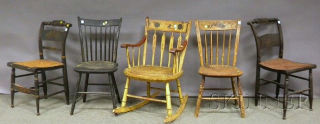 Five Assorted Paint-decorated Chairs, a Windsor ye: Five Assorted Paint-decorated Chairs, a Windsor yellow-painted and stencil-decorated armrocker, thumb-back side chair, black-painted thumb-back side chair, and two Hitchcock-type black-painted and ste