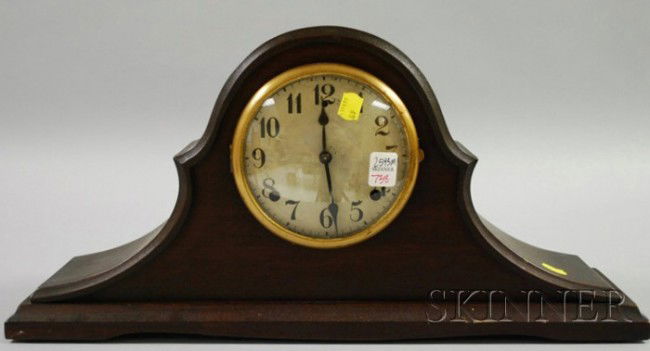 Wm. L. Gilbert Mahogany Veneer Tambour Mantel Cloc: Wm. L. Gilbert Mahogany Veneer Tambour Mantel Clock, with chiming brass spring-powered movement, pendulum. Provenance: From a Martha's Vineyard, Edgartown, Massachusetts Historical Home.
