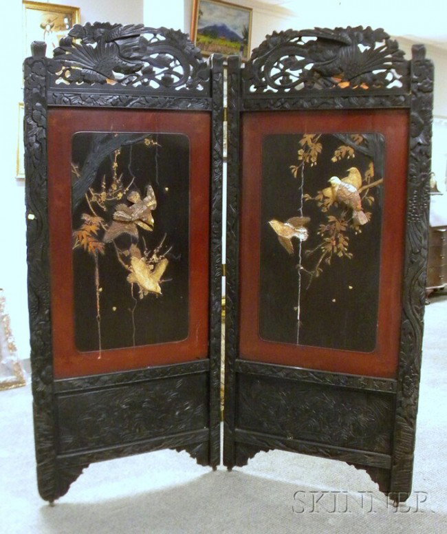 Chinese Export Ebonized Carved Wood and Carved Ivo: Chinese Export Ebonized Carved Wood and Carved Ivory and Mother-of-pearl Bird and Floral-mounted Lacquered Two-panel Floor Screen, ht. 72, panel wd. 31 in.
