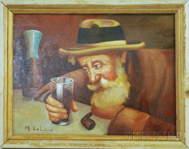 Continental School, 20th Century Old Man at the Ba: Continental School, 20th Century Old Man at the Bar. Signed "M. Colucci" l.l. Oil on canvas, 11 3/8 x 15 in., framed. Condition: Minor surface abrasions, scattered losses.