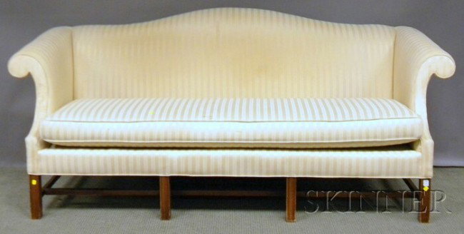 Stanton Cooper Chippendale-style Damask Upholstere: Stanton Cooper Chippendale-style Damask Upholstered Camel-back Mahogany Sofa, lg. 82 in.