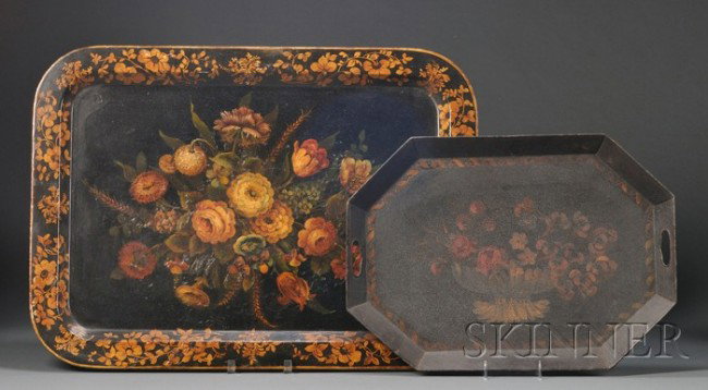 Two Painted Tole Trays, 19th century, one chamfer: Two Painted Tole Trays, 19th century, one chamfered rectangular form with carrying handles decorated in the center with a basket of flowers in gold, red and green, signed "R.B. JONES," on a black grou