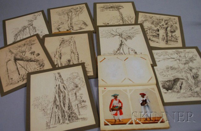 Booklet of C. 1830 Hand-painted Indian Figures on: Booklet of C. 1830 Hand-painted Indian Figures on Mica and a Loose Portfolio of Lithographed Plates from Freaks of the Jaguey, From Nature, the booklet cover inscribed in part "Painted at In----- Indi