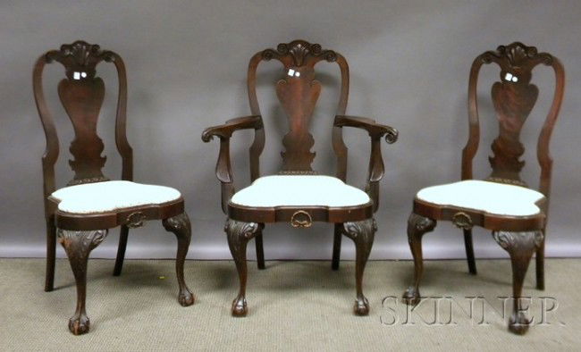 Set of Eight Georgian-style Carved Mahogany Dinin: Set of Eight Georgian-style Carved Mahogany Dining Chairs, with claw-and-ball feet, including six side and two armchairs.
