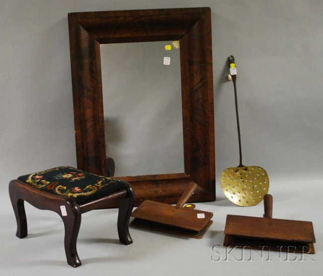 Seven Assorted Decorative Articles, four wool car: Seven Assorted Decorative Articles, four wool carders, a footstool, brass and wrought iron skimmer, and an ogee framed mirror.