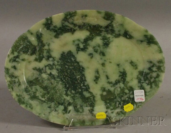 Chinese Oval Spinach Jade Platter Bordered with C: Chinese Oval Spinach Jade Platter Bordered with Carved Bats in Relief, dia. 14 in.