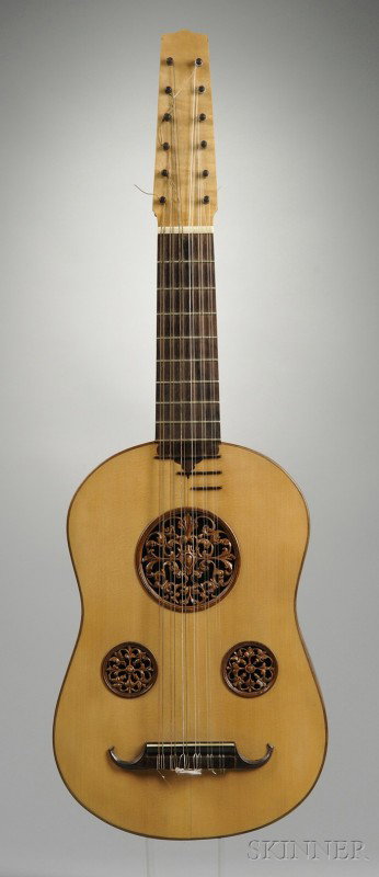 Vihuela de Mano, Fabrizio Reginato, Bassano del Gr: Vihuela de Mano, Fabrizio Reginato, Bassano del Grappa, c. 1973, six courses of two strings, with three carved rosettes, length of back 42 cm, with case.