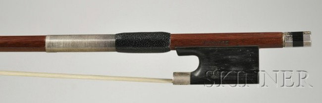 Silver Mounted Violin Bow, the round stick stamped: Silver Mounted Violin Bow, the round stick stamped PECCATTE, weight 59 grams.