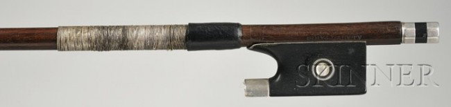 Silver Mounted Violin Bow, the round stick stamped: Silver Mounted Violin Bow, the round stick stamped A LAMY A PARIS, weight 53 grams, (without hair).