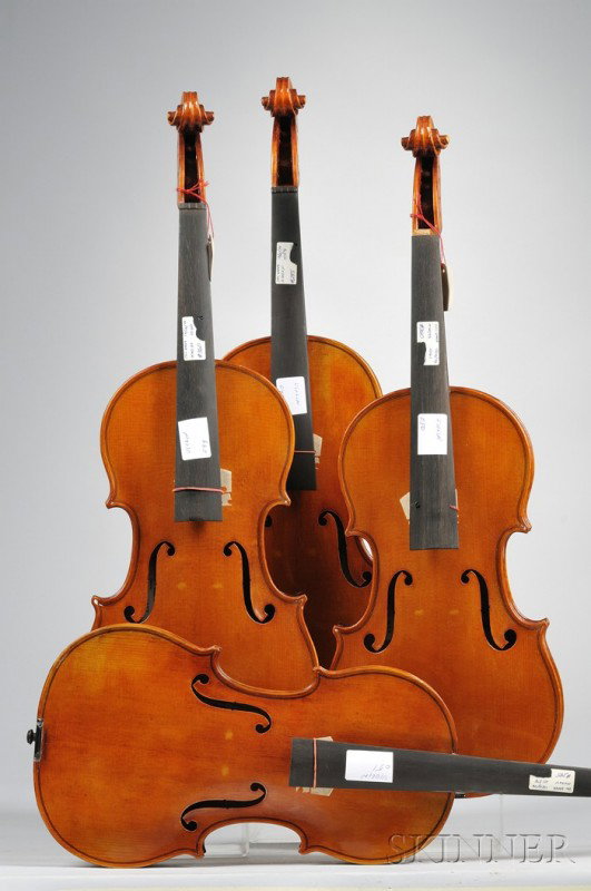 Four Modern Violins, Arthur Teller, Erlangen, 1978: Four Modern Violins, Arthur Teller, Erlangen, 1978, bearing the maker's label, model 285, length of back 355 mm.