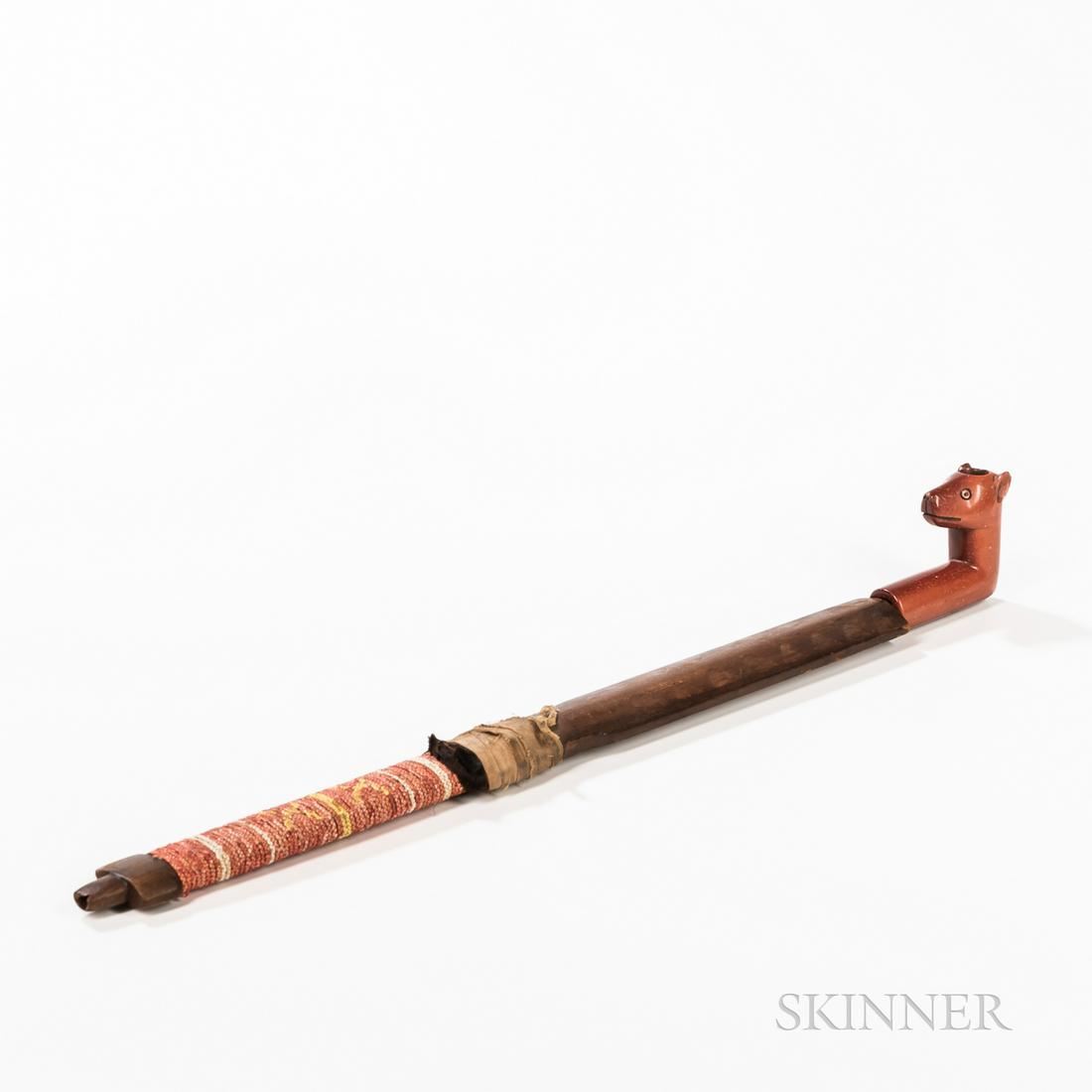 Plains Pipe Stem and Catlinite Effigy Bowl, Sioux, fourth quarter 19th century, the cedar stem with (1 of 4)
