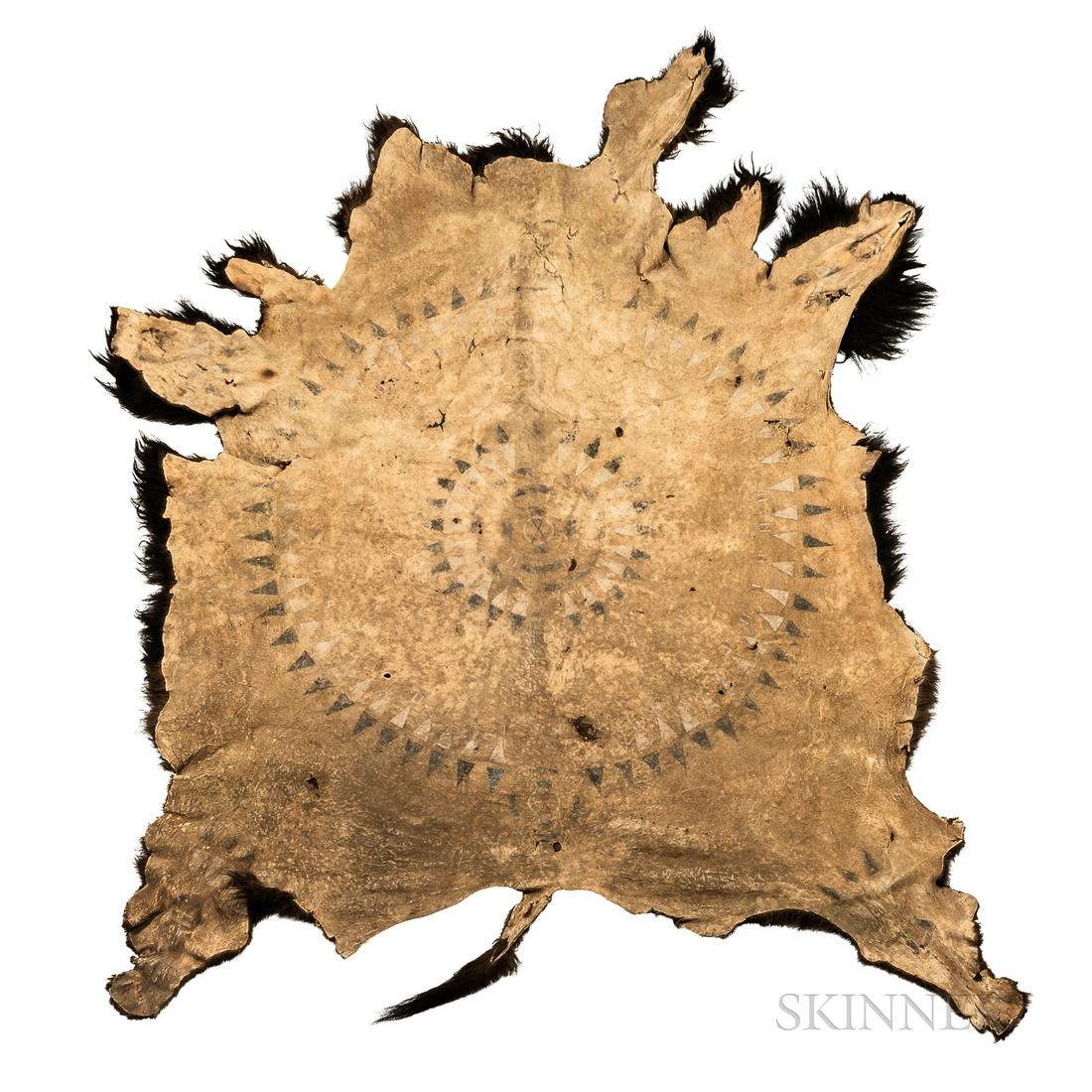 Plains Man's Buffalo Robe, c. mid-19th century, decorated with a large feather bonnet or sunburst (1 of 4)