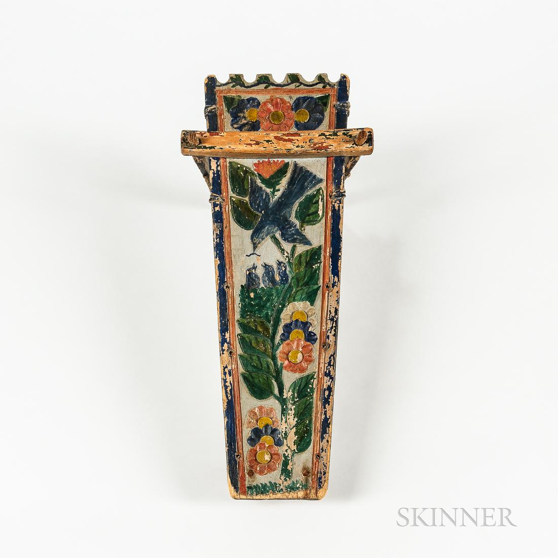 Mohawk Carved and Painted Wood Cradle Board, c. third quarter 19th century, with relief-carved (1 of 2)