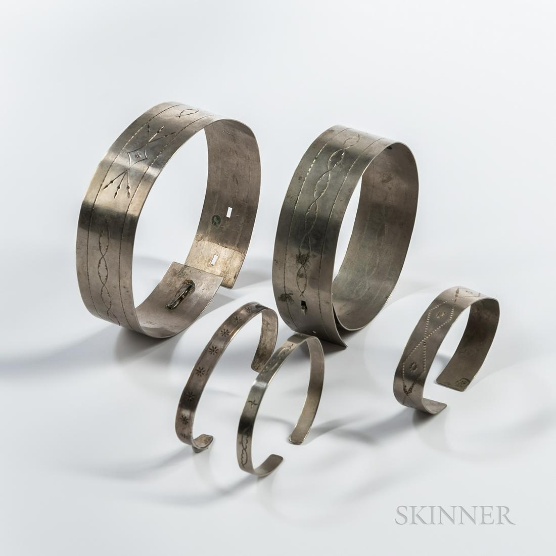 Two Prairie Nickel Silver Armbands and Three Bracelets, two matching Prairie nickel silver armbands, (1 of 2)