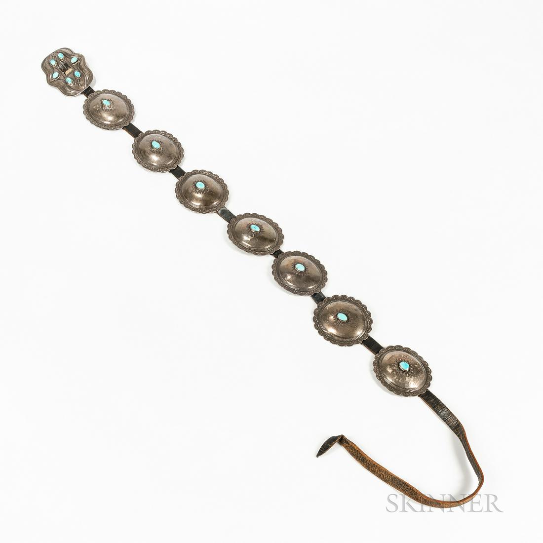 Southwest Silver and Turquoise Concha Belt, Navajo, with seven stamp-decorated concha on a narrow (1 of 2)