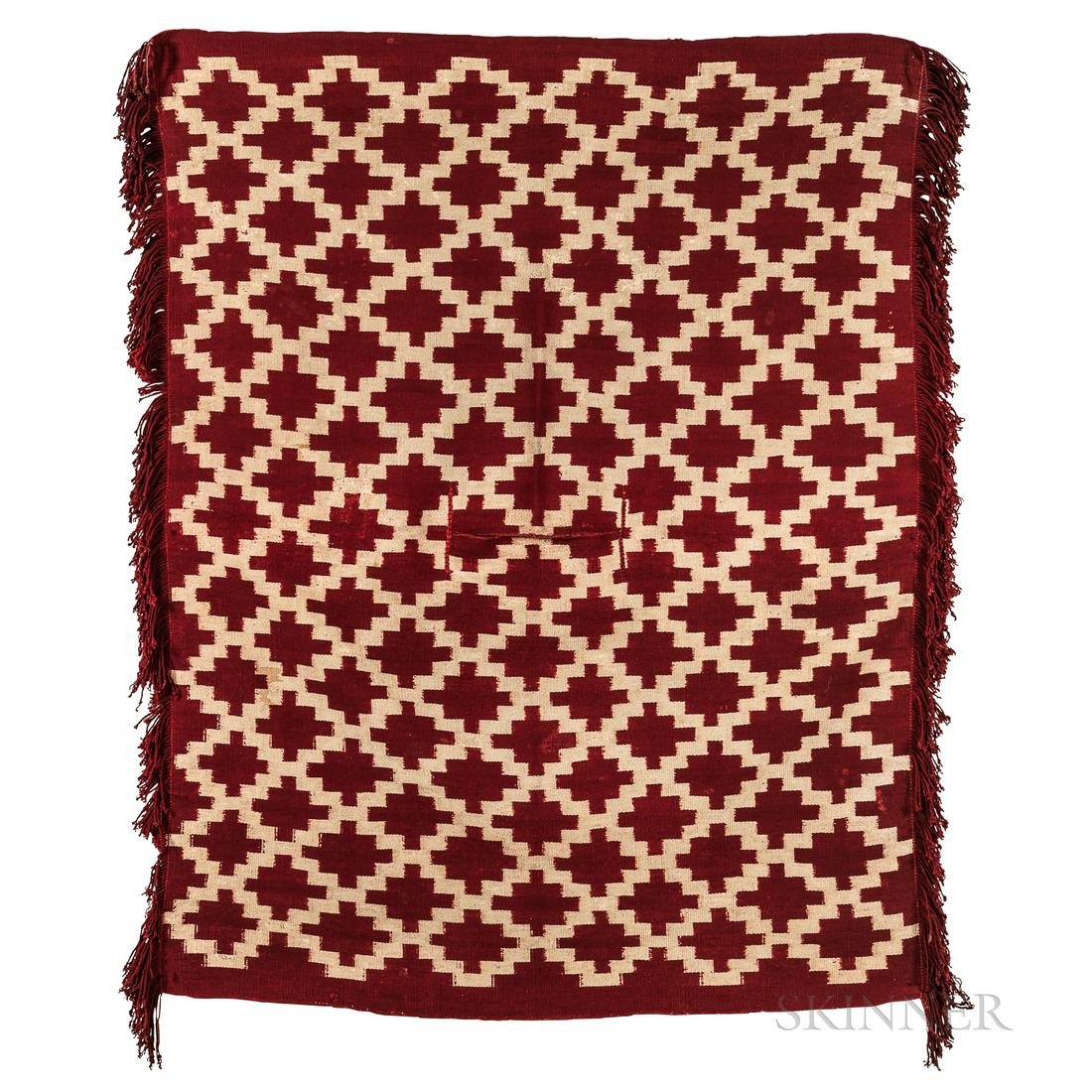 South American Woven Poncho, Mapuche, c. 1900, cream-colored stepped cross grid on an unusual red (1 of 2)