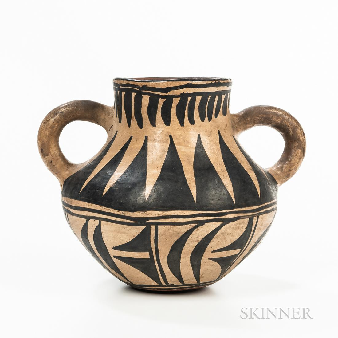 Southwest Polychrome Pottery Jar, Santo Domingo, rising from a small, flat base, to rounded body, (1 of 4)