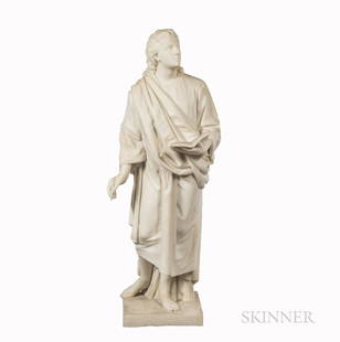 Thomas Ball (American, 1819-1911), St. John the Evangelist, Unsigned., Condition: Minor losses to: Thomas Ball (American, 1819-1911) St. John the Evangelist Unsigned. Carrara marble, height 46 7/8 in. (199.0 cm), on an integral marble base. Condition: Minor losses to marble at verso left side below