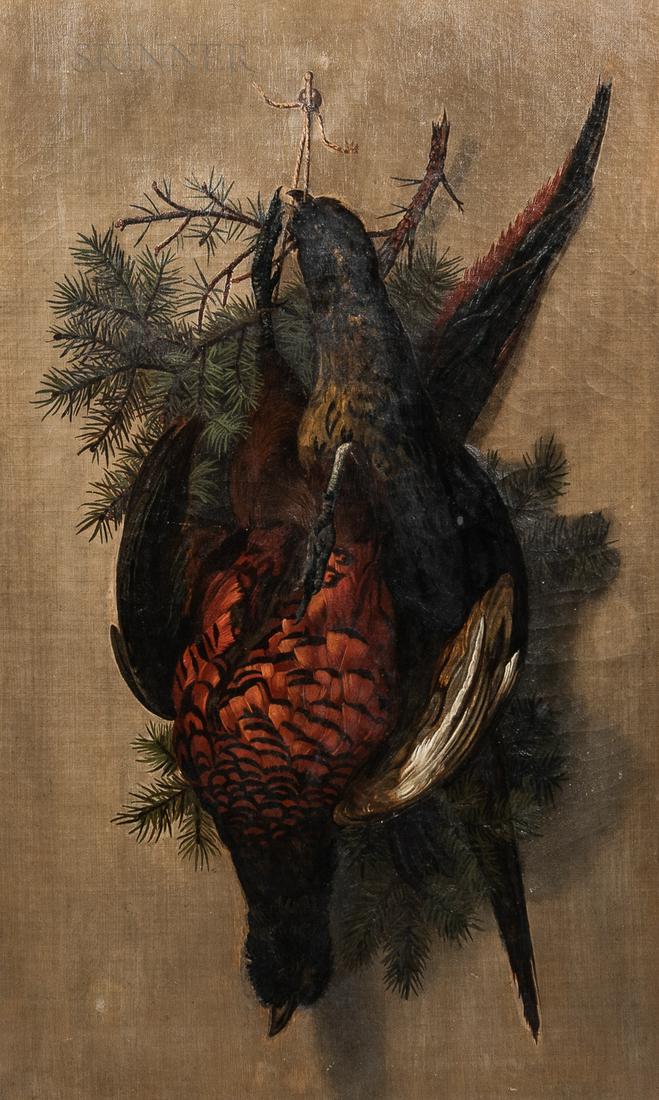 John Cook Fitzgerald (American, b. 1866), Hanging Game Birds with Sprigs of Evergreens, Signed "J.C.: John Cook Fitzgerald (American, b. 1866) Hanging Game Birds with Sprigs of Evergreens Signed "J.C. Fitzgerald" in ink on the reverse, also dated "1885" in pencil on the reverse. Oil on canvas, 26 x 16