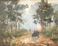 Jules Turcas (American, 1854-1917), Carriage on a Wooded Lane with Brush Fire, Signed and dated "J.