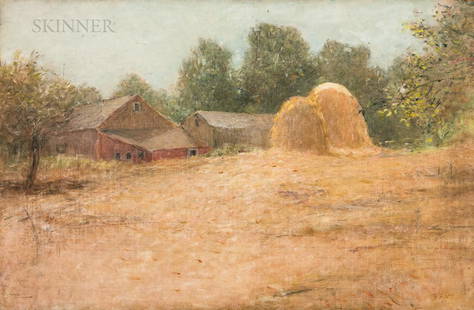 John Ferguson Weir (American, 1841-1926), Summer Haystacks, Initialed "JFW" lower right., Condition:: John Ferguson Weir (American, 1841-1926) Summer Haystacks Initialed "JFW" lower right. Oil on board, 19 1/2 x 30 in. (49.5 x 76.2 cm), unframed. Condition: Scattered small surface losses and shallow