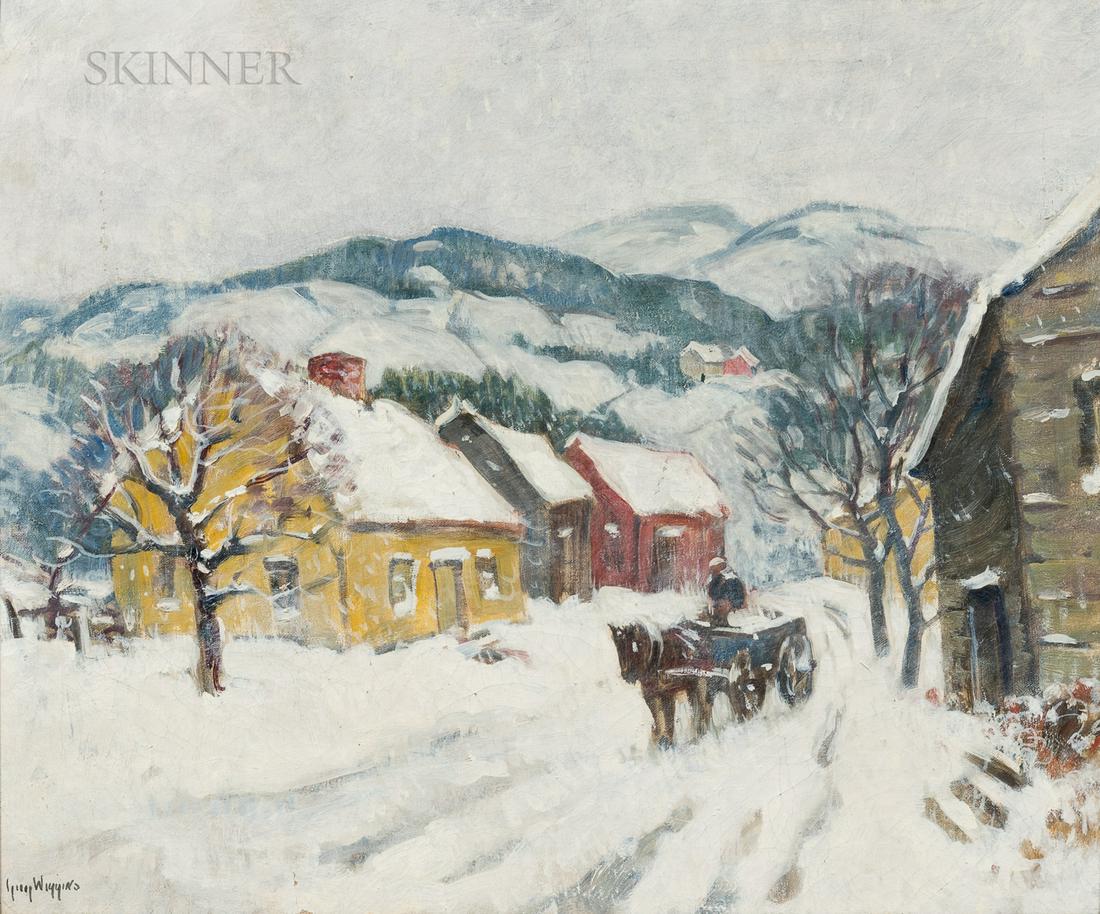Guy Carleton Wiggins (American, 1883-1962), New England Farm, Winter, Signed "Guy Wiggins" lower: Guy Carleton Wiggins (American, 1883-1962) New England Farm, Winter Signed "Guy Wiggins" lower left, titled and signed ".../Guy Wiggins NA." on the reverse. Oil on canvas, 20 x 24 in. (51.0 x