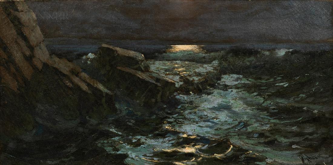 William Johnson Bixbee (American, 1850-1921), Rocky Coast by Moonlight, Signed "Bixbee" lower (1 of 4)