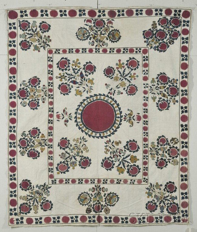 Central Asian Suzani, 20th century, (very shallow : Central Asian Suzani, 20th century, (very shallow edge gouge, several very small holes and repairs, slight embroidery losses), 7 ft. 6 in. x 6 ft. 4 in.