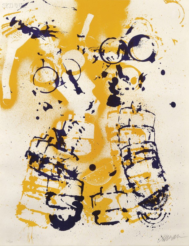 Arman (American/French, 1928-2005) Le masque à gaz, : Arman (American/French, 1928-2005) Le masque à gaz, 1971, edition of 300. Signed "Arman" in pencil l.r., numbered "110/300" in pencil l.l. Lithograph in purple and gold on paper, image size 25 3/8 x 